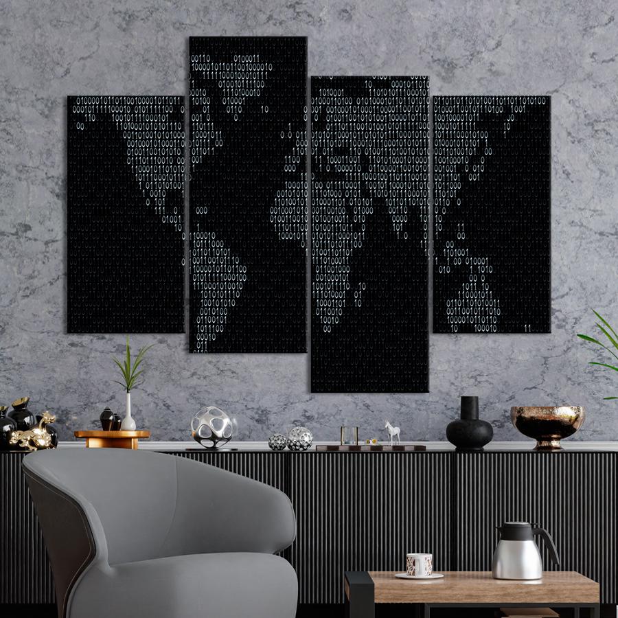 Картина карта Двойственный код на чёрной карте мира 149x106 см (A1328-4)