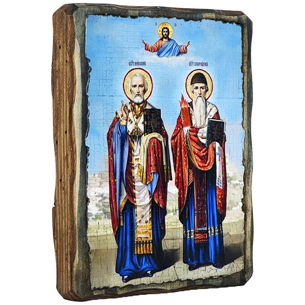 Икона Николай Чудотворец и Спиридон Тримифунтский под старину 13х17 см (3818-1)
