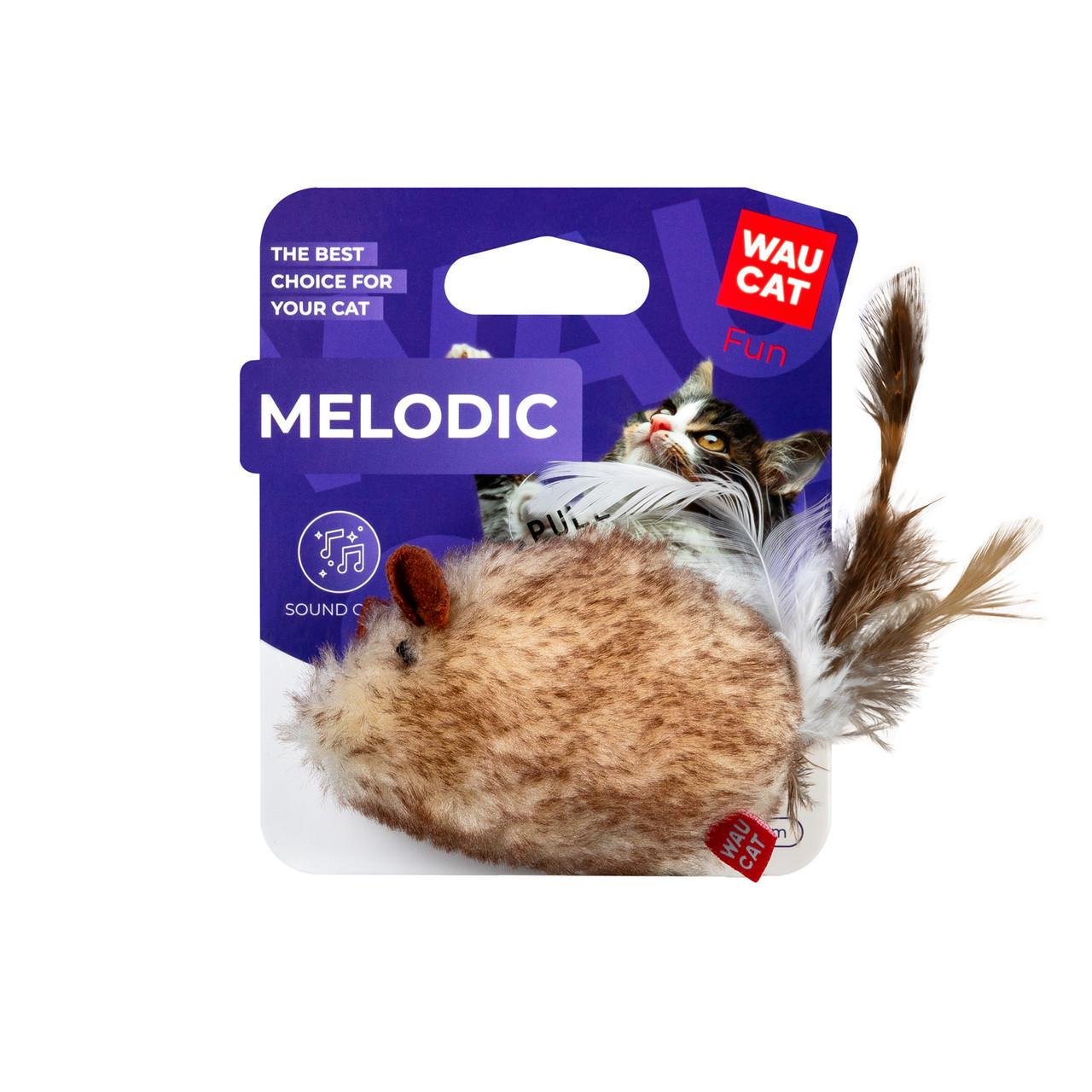 Игрушка для кошек WAUCAT Fun Melodic Мышка со звуковым чипом искусственный мех/перо 13 см (7512)