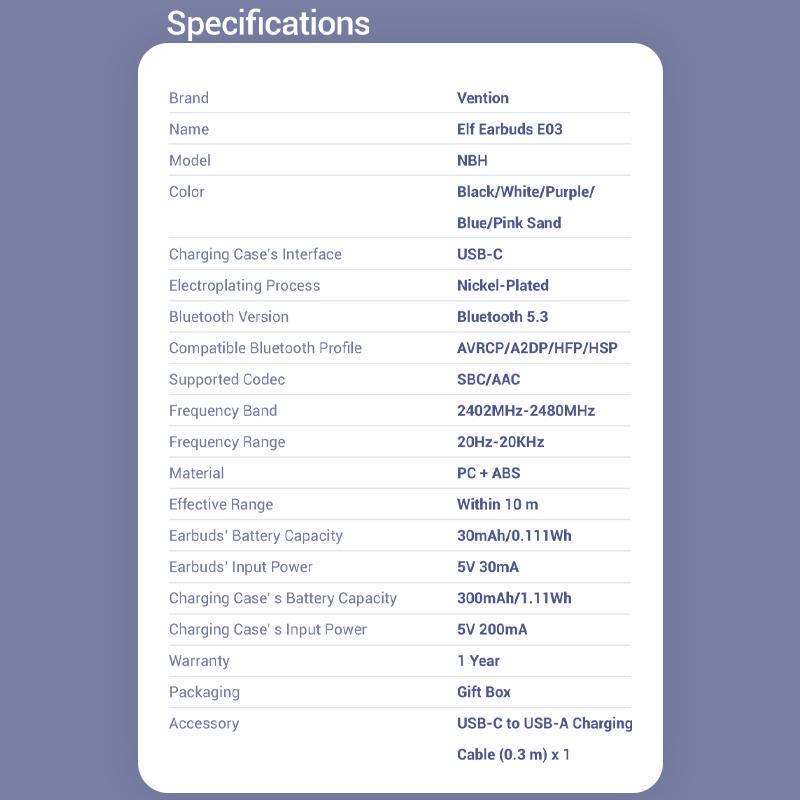 Навушники бездротові Vention Elf E03 Bluetooth 5.3 TWS 10 мм 30 год відтверення AAC/SBC Hi-Fi водонепроникні IPX5 Фіолетовий (NBHV0) - фото 8 Навушники бездротові Vention Elf E03 Bluetooth 5.3 TWS 10 мм 30 год відтверення AAC/SBC Hi-Fi водонепроникні IPX5 Фіолетовий (NBHV0) - фото 8