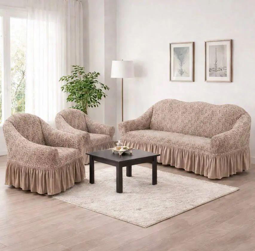 Чехол на диван жаккардовый натяжной 210-280 см и два кресла 70-80 см Бежевый Чехол на диван жаккардовый натяжной 210-280 см и два кресла 70-80 см Бежевый