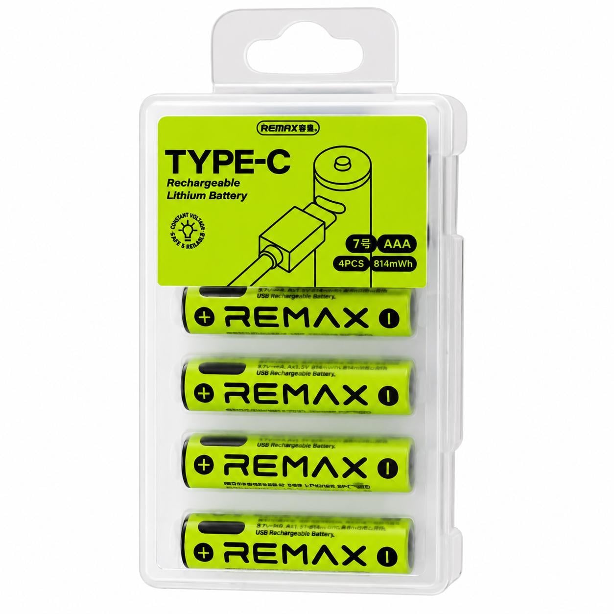 Батарейки аккумуляторные AAA REMAX Li-ion 1.5V 435 mAh 814m Wh/3.7V USB Type-C и кабель для зарядки 4 шт.