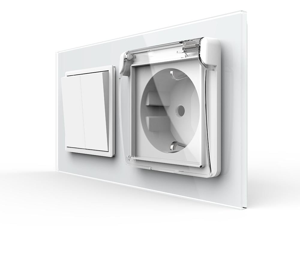 Выключатель двойной с розеткой Livolo IP44 с заземлением/защитными шторками стекло Белый