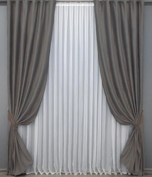 Шторы в гостиную/спальню бархат 1,5х2,75 м 2 шт. Темно-серый/коричневый (1337ш)