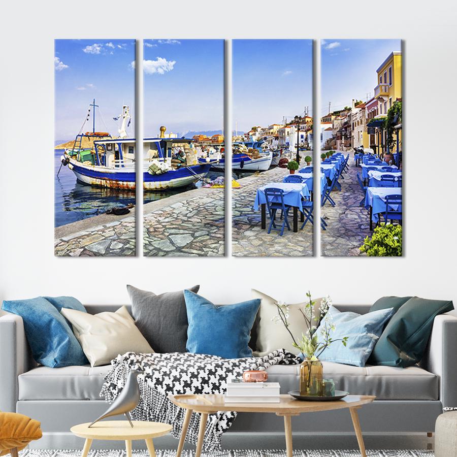 Модульная картина из 4 частей Прибрежное кафе на острове Халки в Греции 149x93 см (355-41)