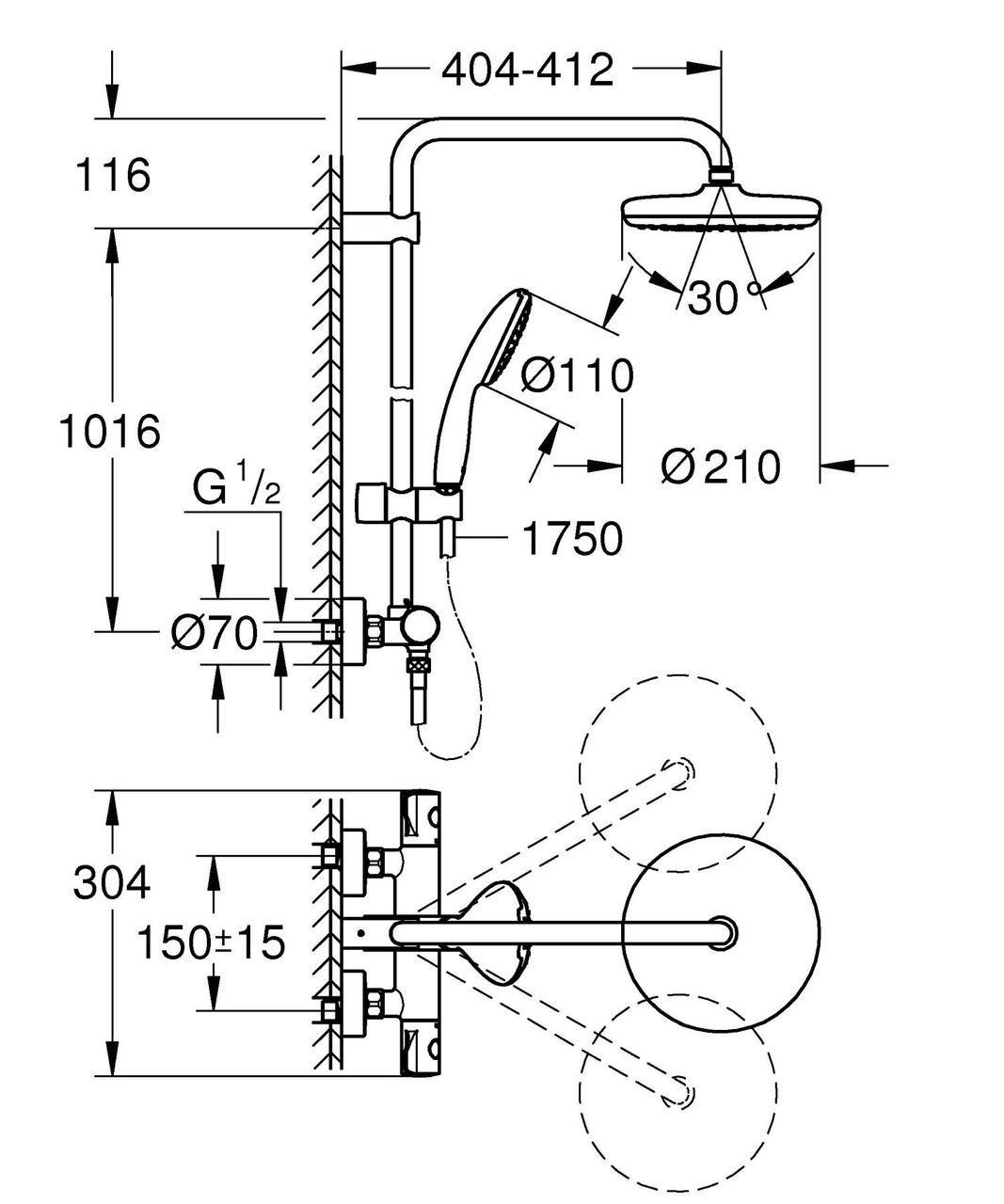 Душова система Grohe Tempesta System 210 з термостатом для настінного монтажу (26811001) - фото 4 Душова система Grohe Tempesta System 210 з термостатом для настінного монтажу (26811001) - фото 4