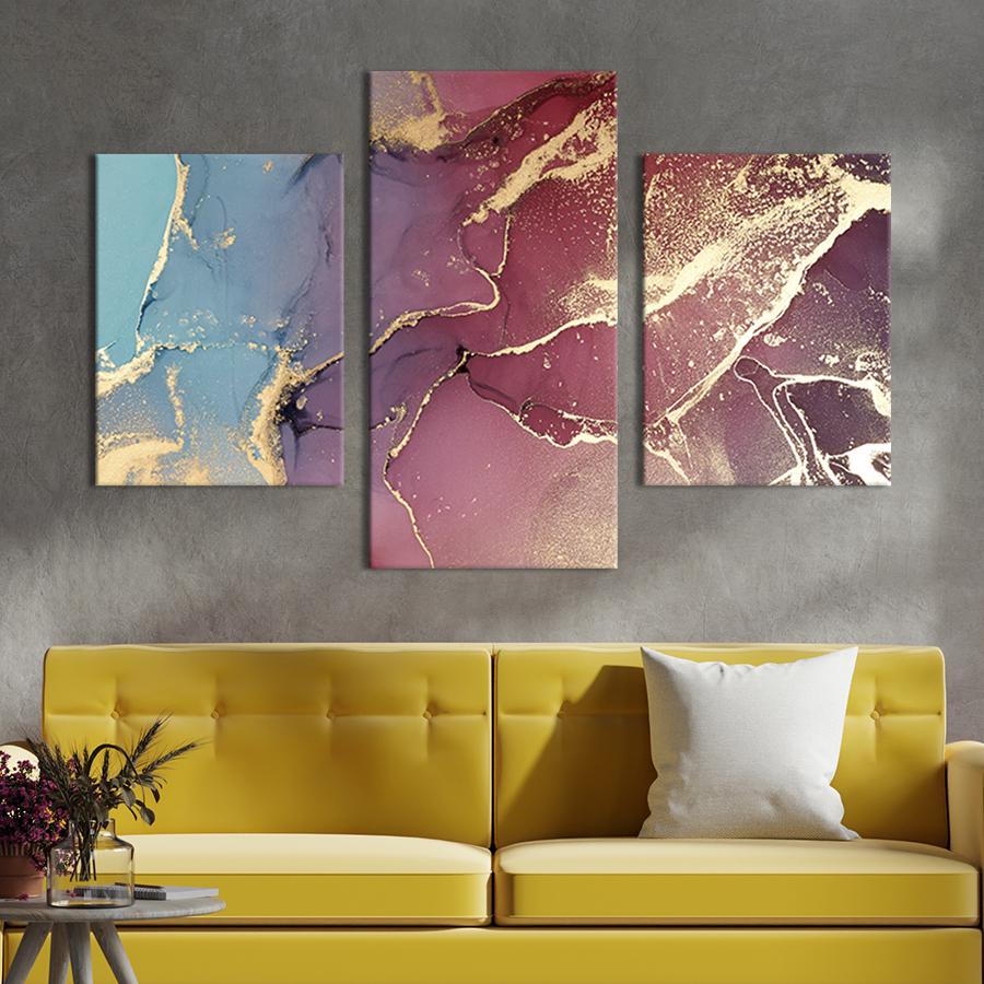Картина для интерьера Сине-розовый мрамор с золотыми мазками 96x60 см (46-32)