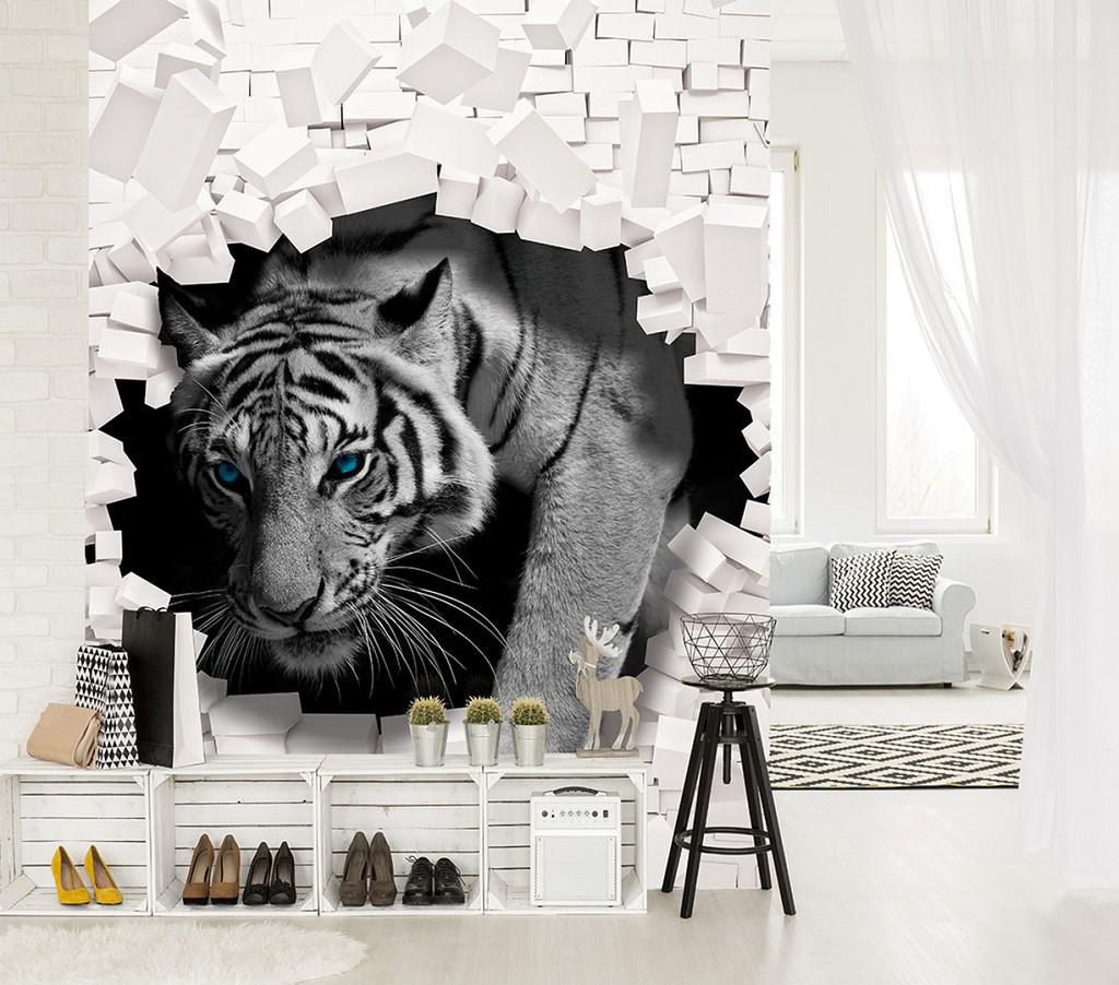 Фотообои флизелиновые 3D Тигр выходит из кирпичной стены с клеем 184x254 см (10400V4A)