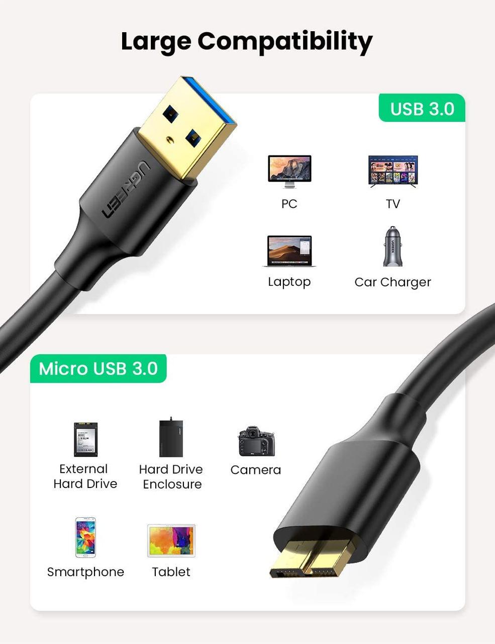 ᐉ Кабель зарядный Ugreen USB 3,0 AM/micro USB 3,0 0,5 м Black (US130) •  Купить в Киеве, Украине • Лучшая цена в Эпицентр