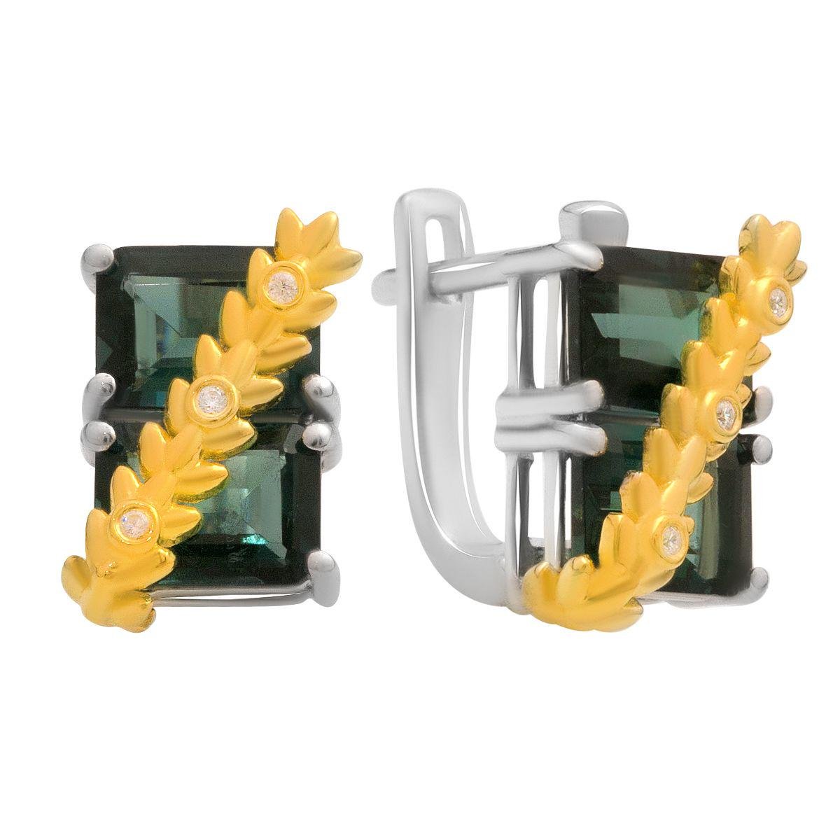 Сережки срібні з лондонським топазом квадратної форми та декоративним позолоченим листям Сережки срібні з лондонським топазом квадратної форми та декоративним позолоченим листям