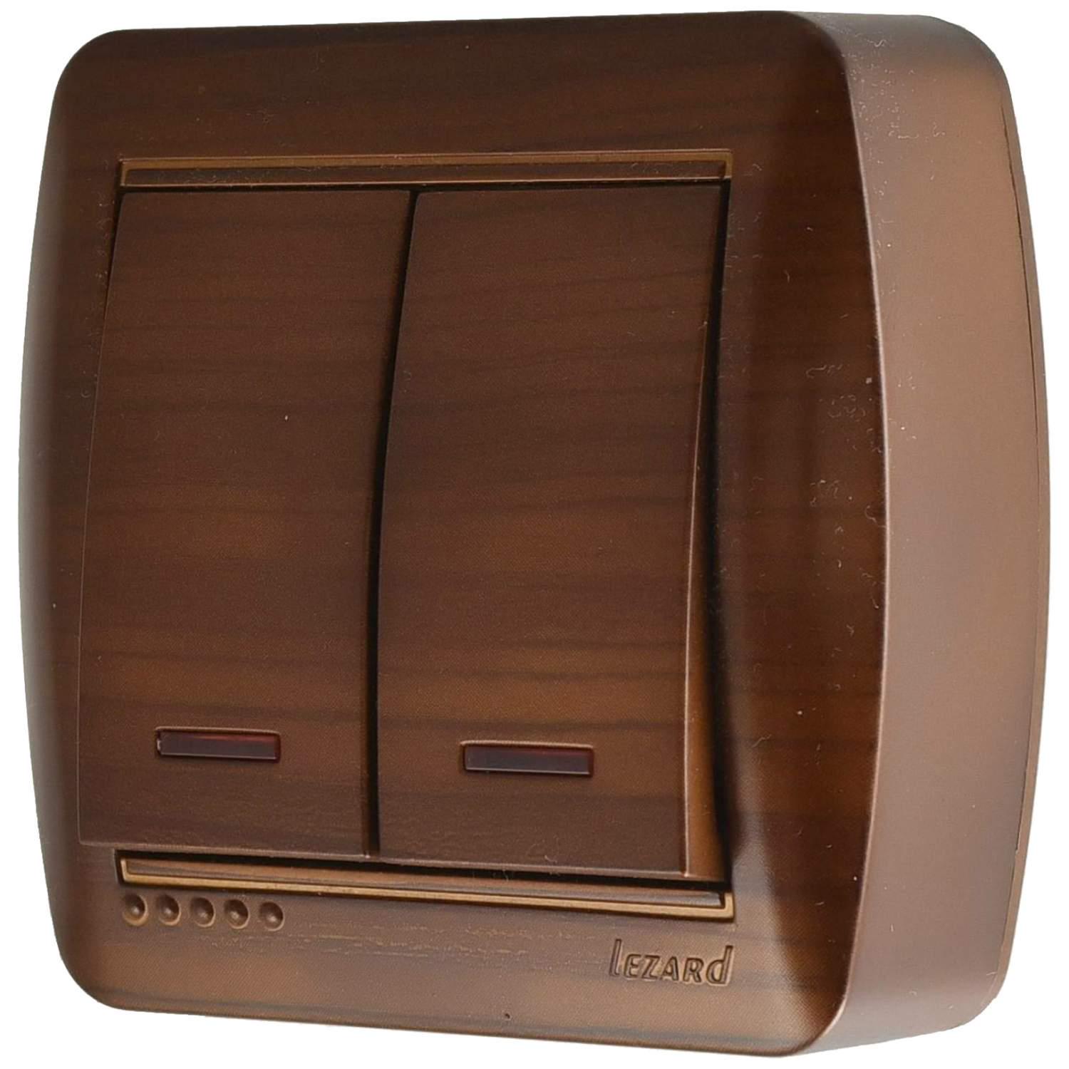 Выключатель двухклавишный Lezard Demet 711-0500-112 с подсветкой Античный махагон (27551365)
