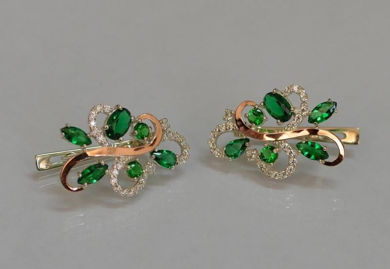 Серебряные серьги Sil с золотыми вставками 151s-5 Зеленый (Sil-1079)