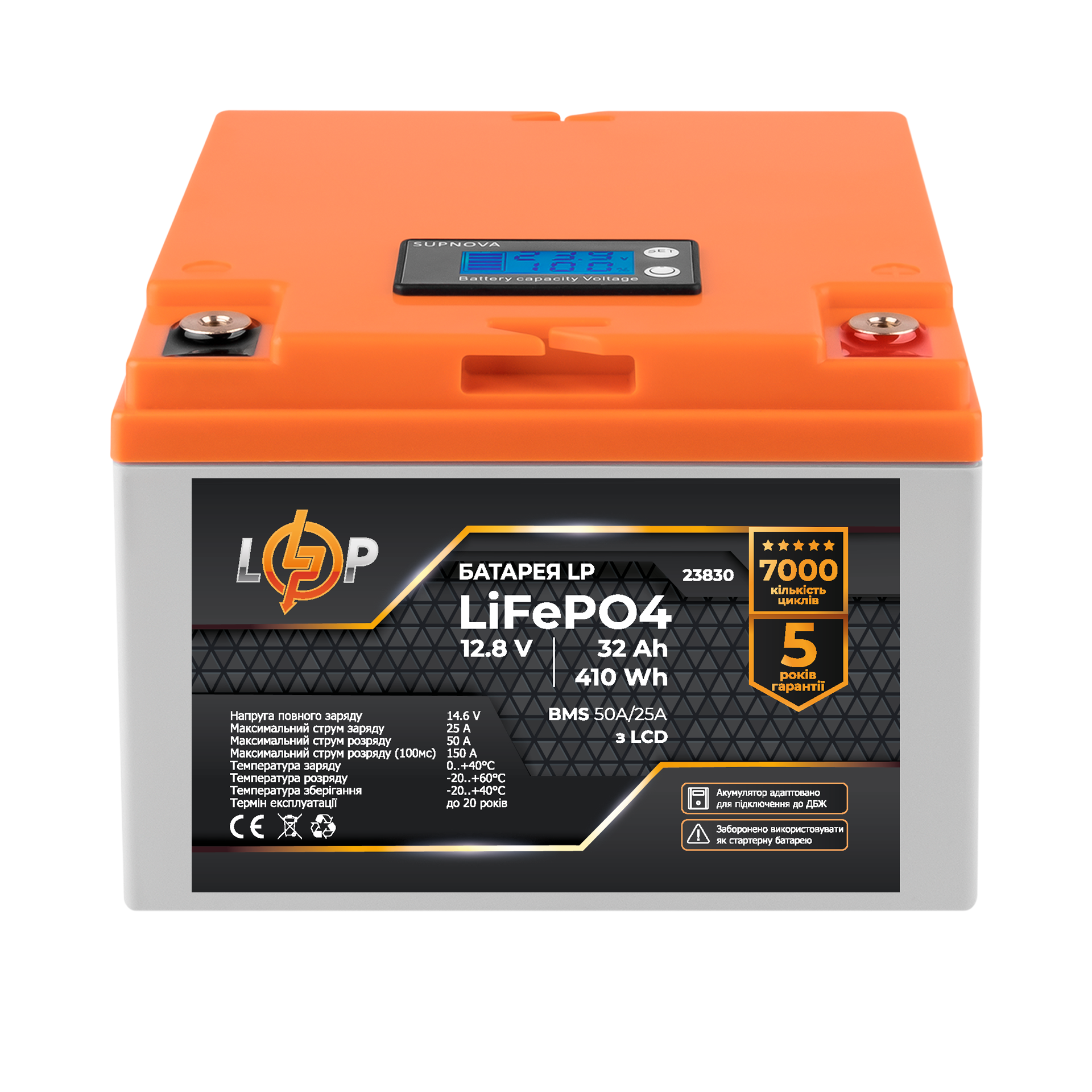 Акумулятор для ДБЖ LogicPower LiFePO4 12,8V 32 Ah 410Wh BMS 50А/25A пластик (23830)