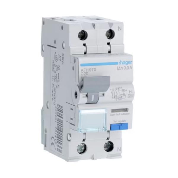 Дифавтомат Hager 2 полюса 6kA тип C 20A 300mA тип HI AFH970 (74353)