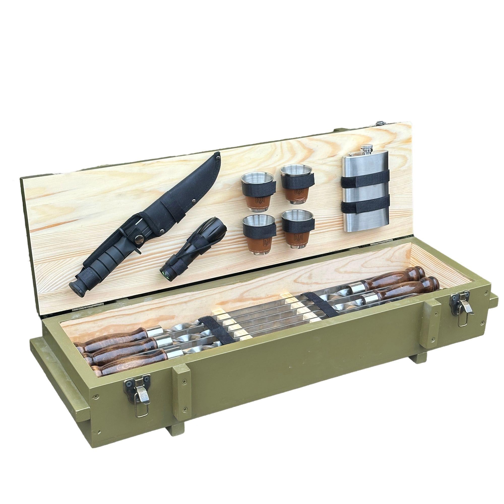 Подарочный набор шампуров Mzavod Милитари в деревянном кейсе 13 предметов Оливковый (147-17-1191810000171)