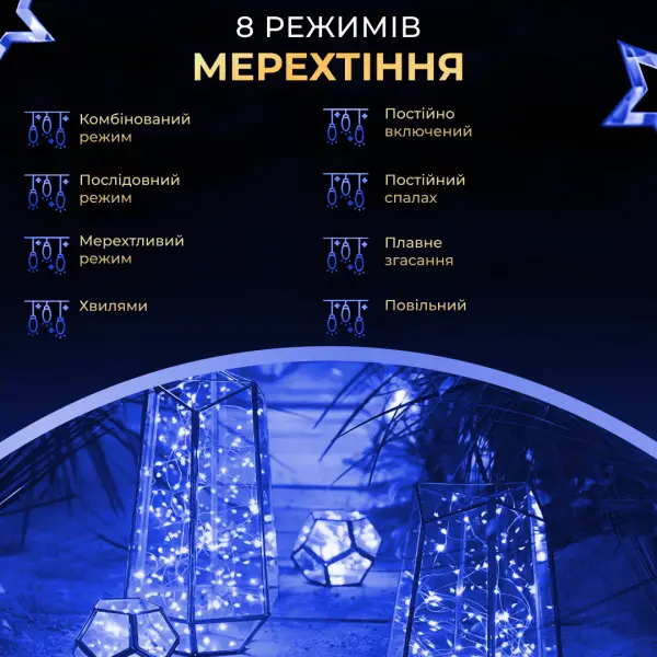 Гірлянда нитка для декору Роса GarlandoPro з пультом від мережі 2000 LED 200 м Синій (147-107-2000L200MGBL) - фото 4 Гірлянда нитка для декору Роса GarlandoPro з пультом від мережі 2000 LED 200 м Синій (147-107-2000L200MGBL) - фото 4