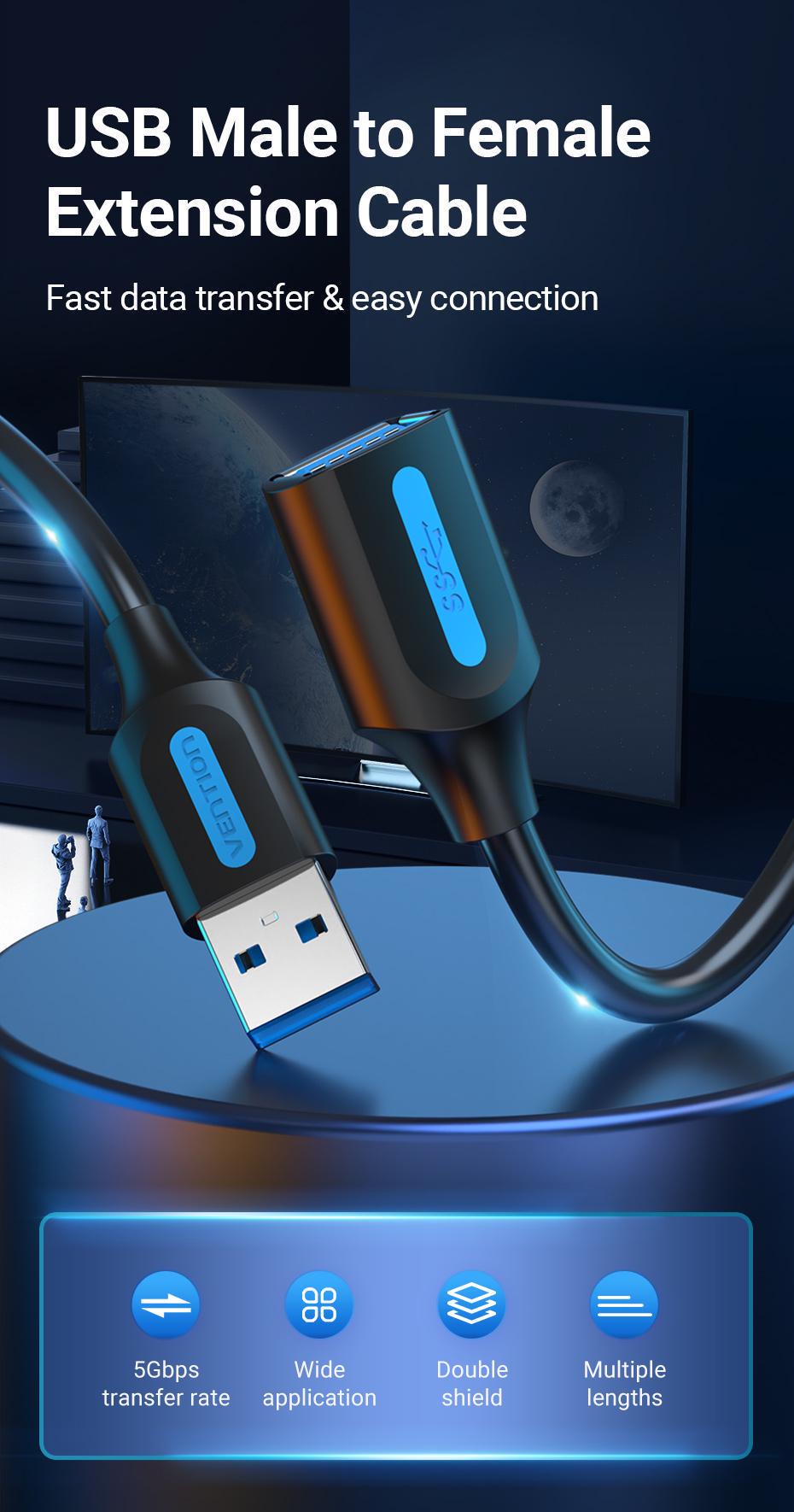 Кабель Vention USB 3.0 5 Гбіт/с USB-A папа на USB-A мама 1 м Чорний (CBHBF) - фото 2 Кабель Vention USB 3.0 5 Гбіт/с USB-A папа на USB-A мама 1 м Чорний (CBHBF) - фото 2