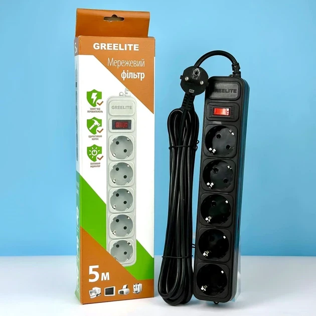 Подовжувач мережевий GREELITE на 5 розеток з вимикачем 1,8 м Чорний (MX-00006982A) - фото 2 Подовжувач мережевий GREELITE на 5 розеток з вимикачем 1,8 м Чорний (MX-00006982A) - фото 2