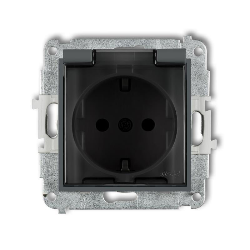 Розетка с крышкой Karlik Mini с заземлением Schuko и шторками Графитовый матовый (28MGPB-1sdp)