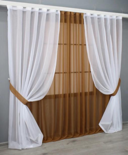 Комплект штор з підв'язками шифон 4х2,2 м/1,5x2,2 м 2 шт. Коричневий/Білий (022дк) - фото 4 Комплект штор з підв'язками шифон 4х2,2 м/1,5x2,2 м 2 шт. Коричневий/Білий (022дк) - фото 4