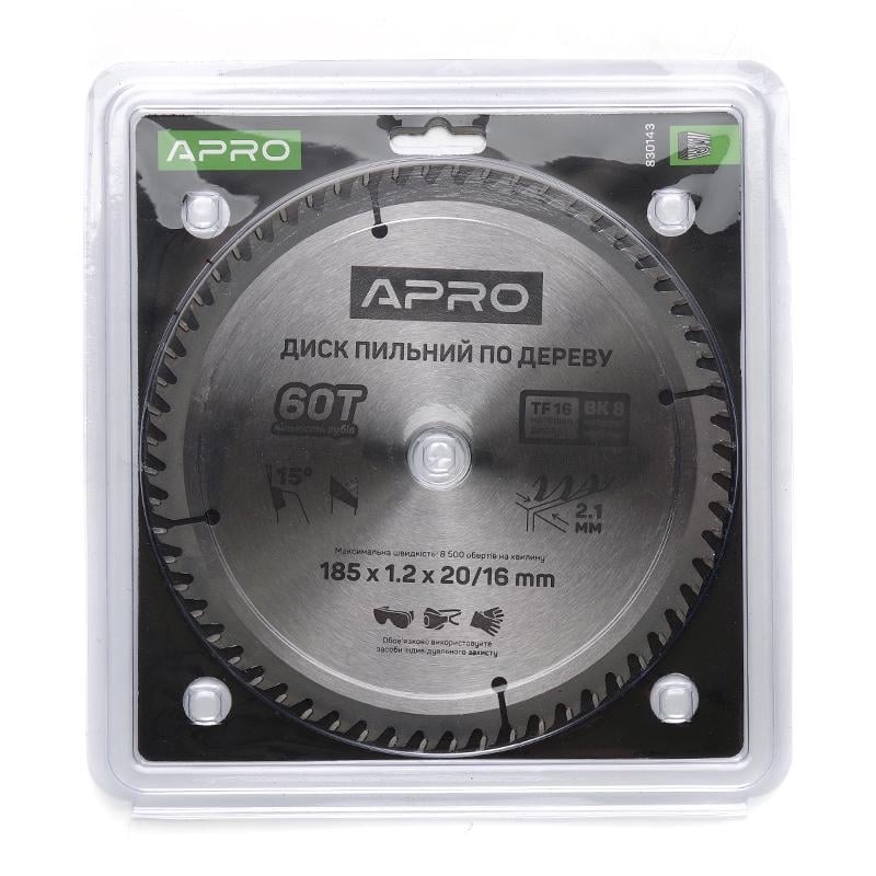 Диск пильный по дереву Apro 185х20/16х60Т (830143) - фото 2 Диск пильный по дереву Apro 185х20/16х60Т (830143) - фото 2