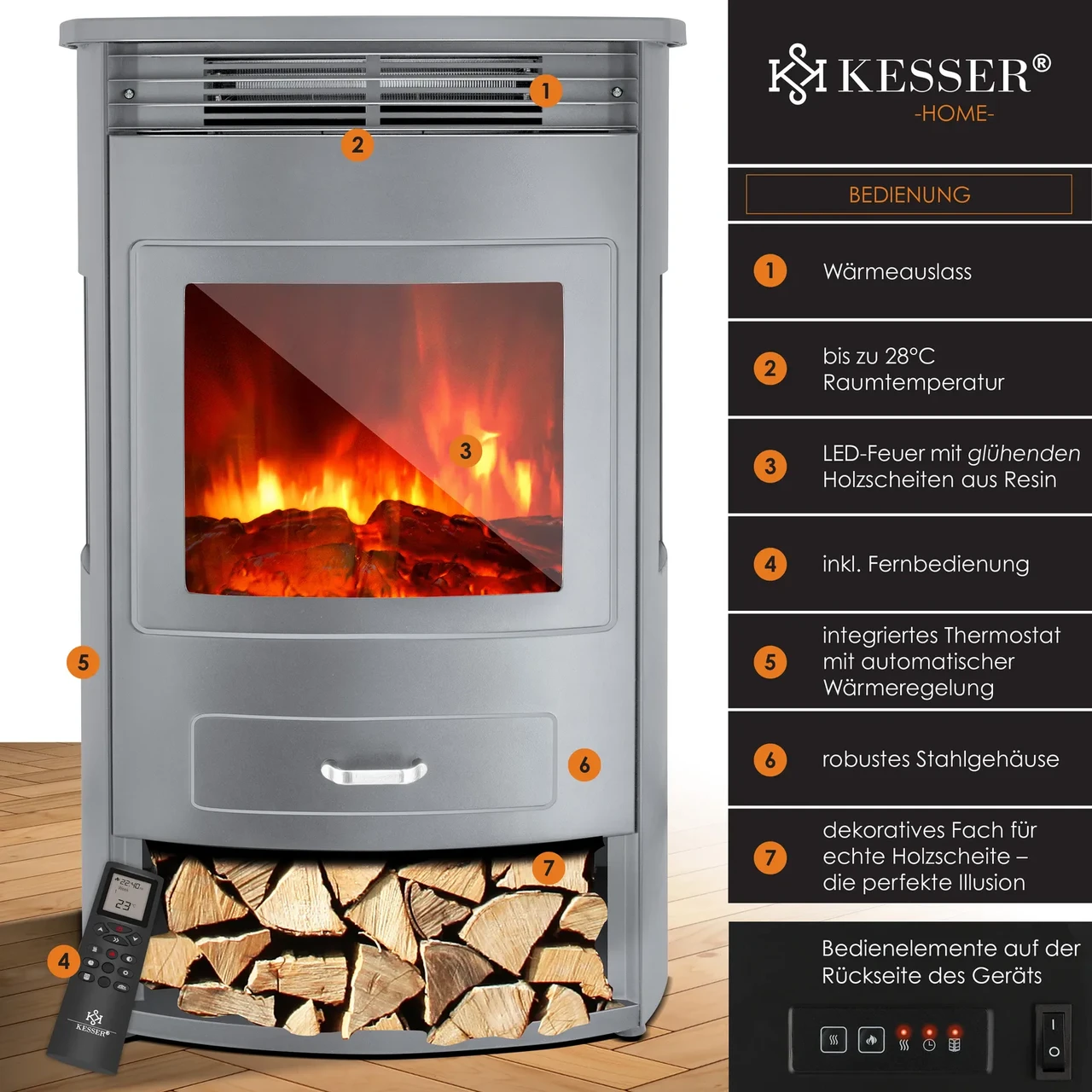 Електричний камін KESSER Panorama з таймером 1900 Вт 64x35x49 см - фото 5