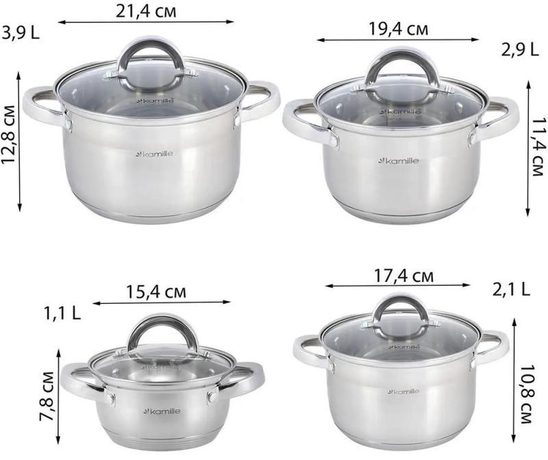 Набор кастрюль Kamille Madrid из нержавеющей стали с мерной шкалой 1/1,8/2,5/3,8л - фото 2 Набор кастрюль Kamille Madrid из нержавеющей стали с мерной шкалой 1/1,8/2,5/3,8л - фото 2