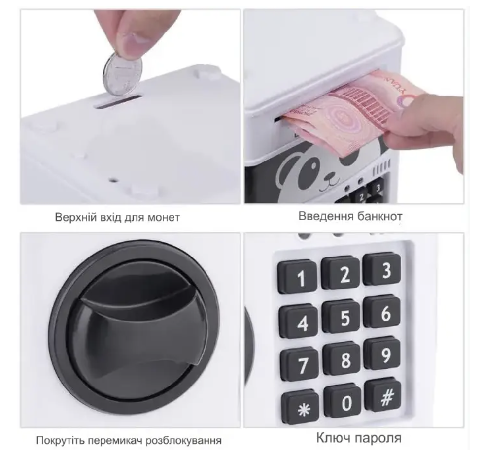 Копилка-сейф Панда с кодовым замком и купюроприемником со звуковыми эффектами Серый (Е500186) - фото 4