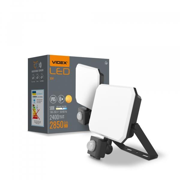 Прожектор с датчиком движения VIDEX F3 30W 5000K Black (VLE-F3-0305B-S)