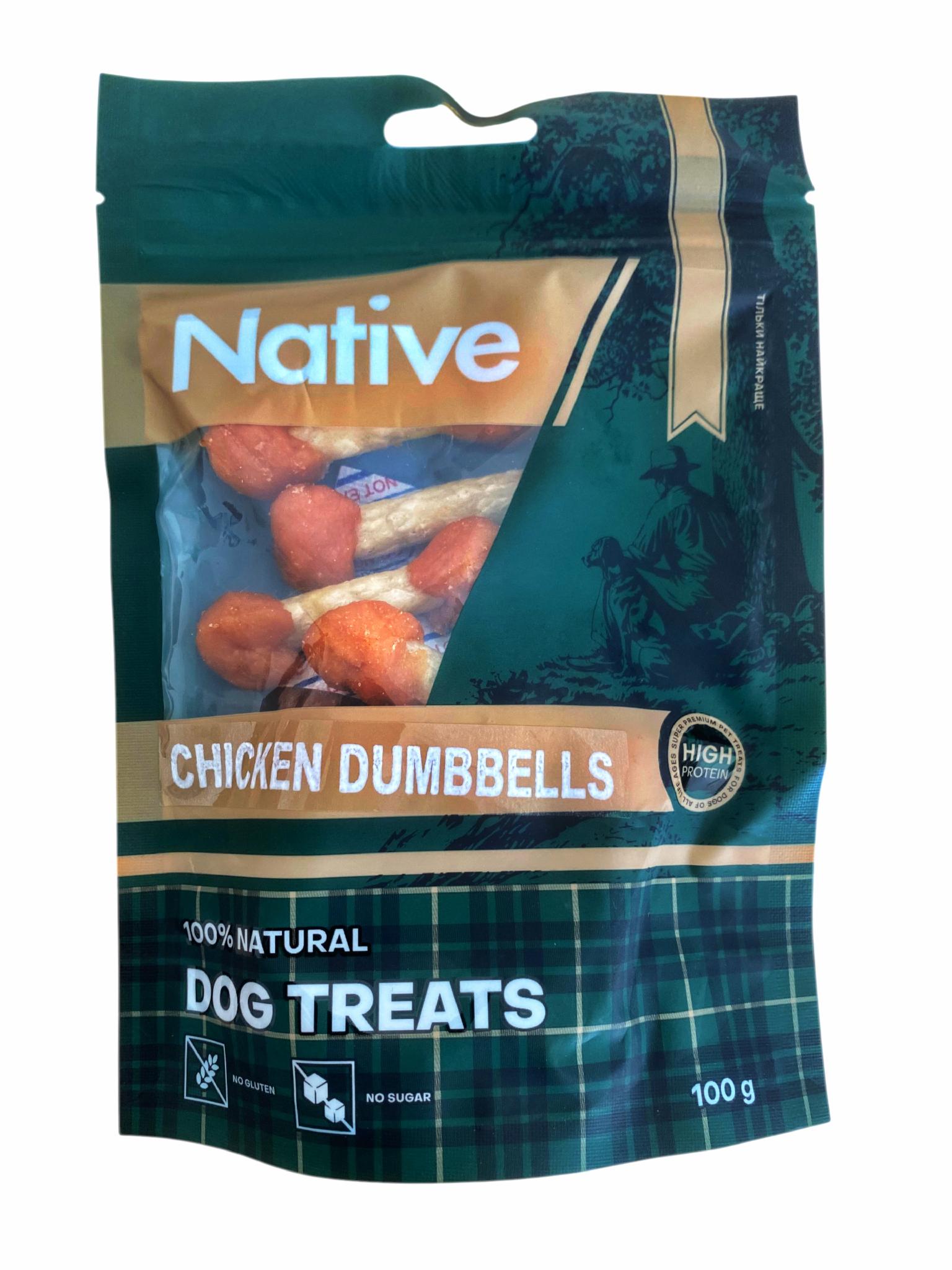 Ласощі для собак NATIVE Dog Treats Sticker Chicken Dumbbell Куряча гантелька 100 г (31012001n)