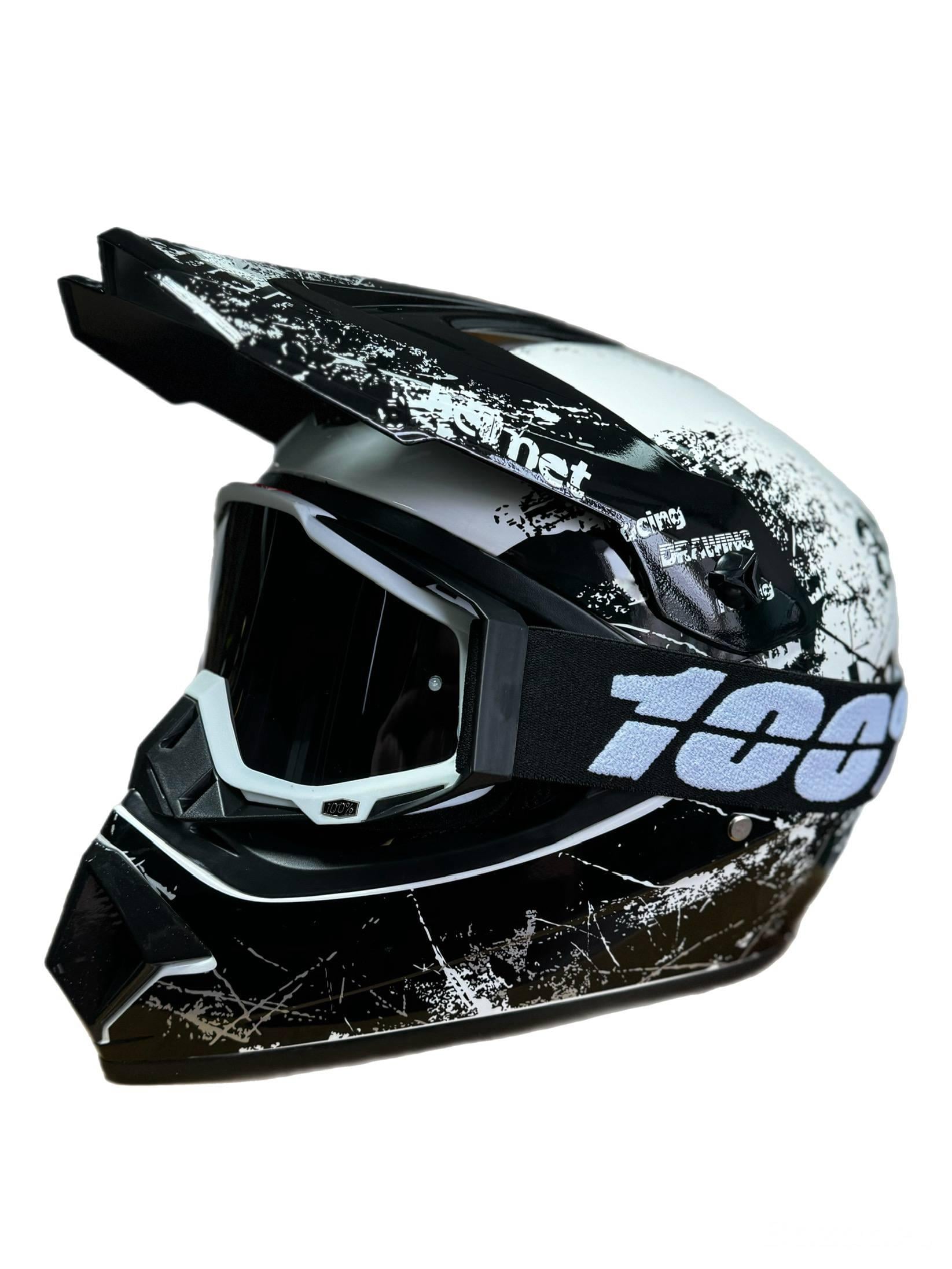 Мотошлем эндуро кроссовый Helmet L White и очки Profi 100% Black (0091)