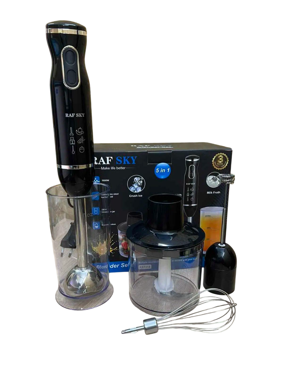 Блендер ручной погружной RAF RS7318 5в1 со стаканом и измельчителем 600 мл 1600W лезвиями из нержавеющей стали Черный Блендер ручной погружной RAF RS7318 5в1 со стаканом и измельчителем 600 мл 1600W лезвиями из нержавеющей стали Черный