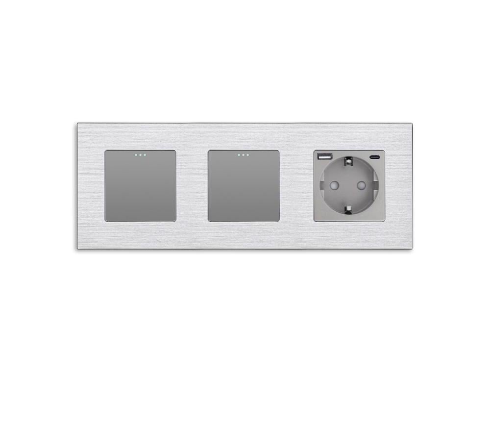 Выключатель перекрестный WALLPAD 2-клавишный 1-1 с розеткой USB A+C 20Вт с заземлением 16А 230 В алюминий Серый
