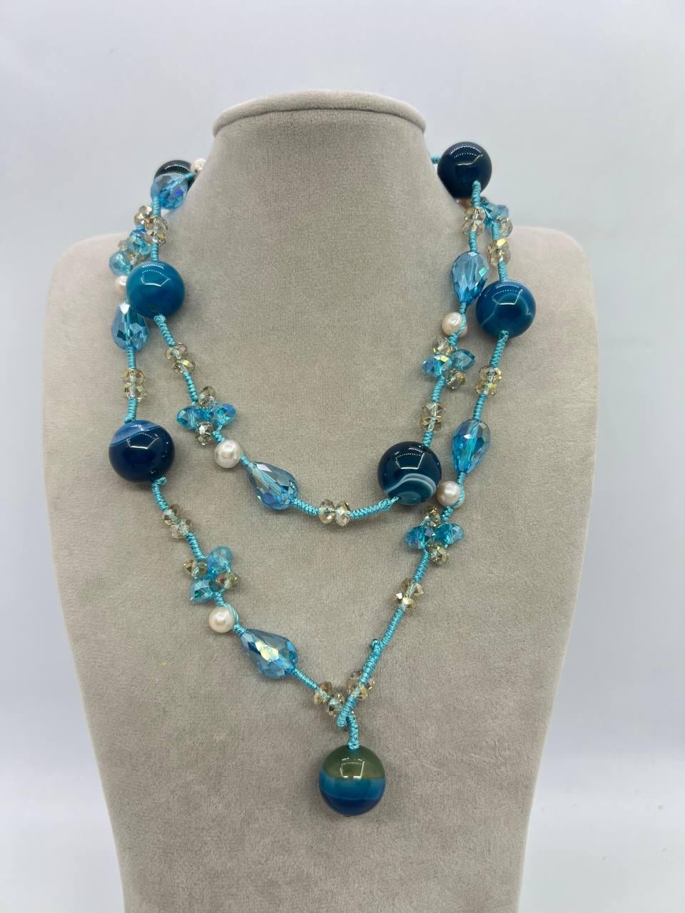 Бусы агат и стекло 16 мм 82 см Голубой (11841)