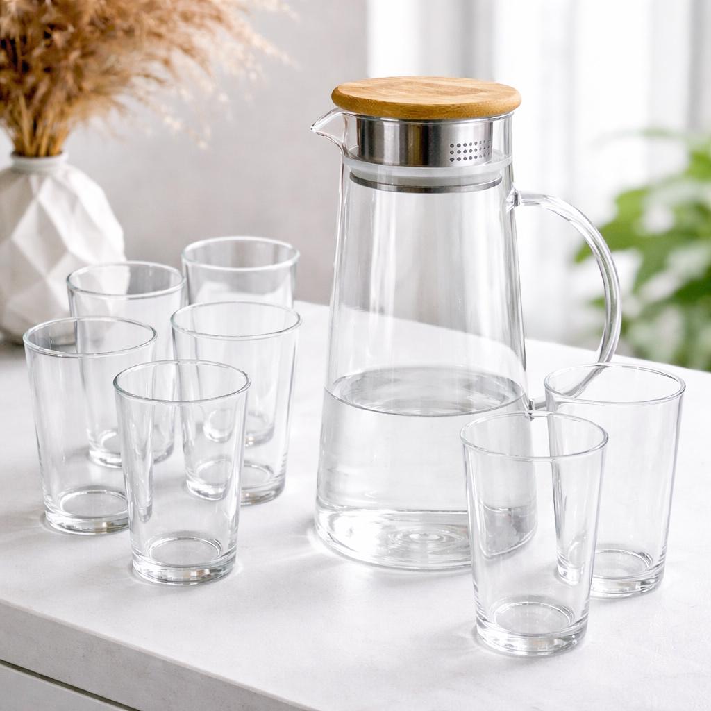 Набор для напитков кувшин 1,5 л с бамбуковой крышкой и 6 стаканами 220 мл боросиликатное стекло 7 шт. (32145372)