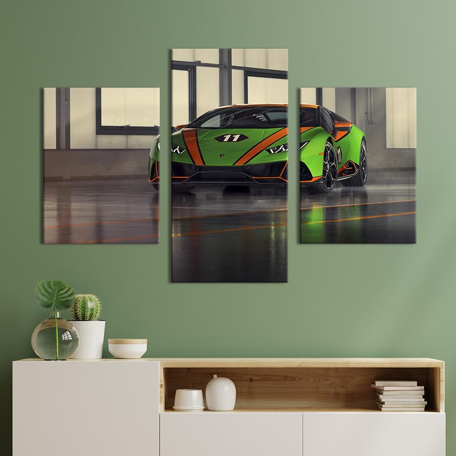 Картина на холсте триптих Зелёная бестия Lamborghini 66x40 см (1265-32)