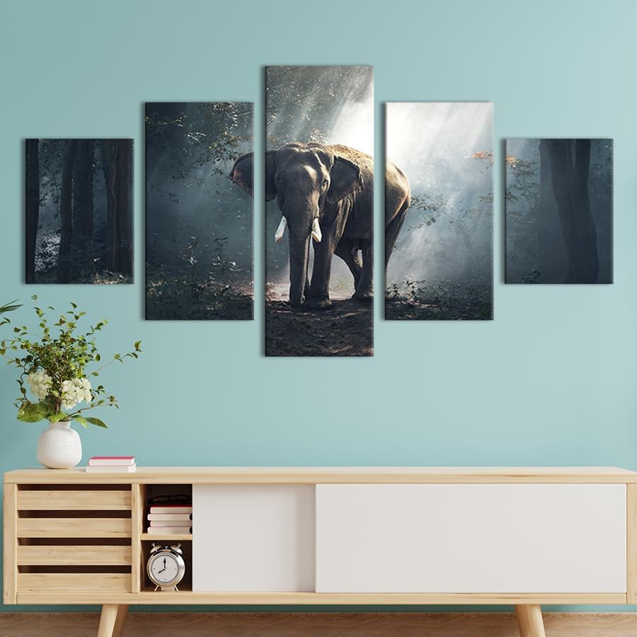 Модульная картина из 5 частей на холсте интерьерная картина Слон в лесной чаще 162x80 см (198-52)