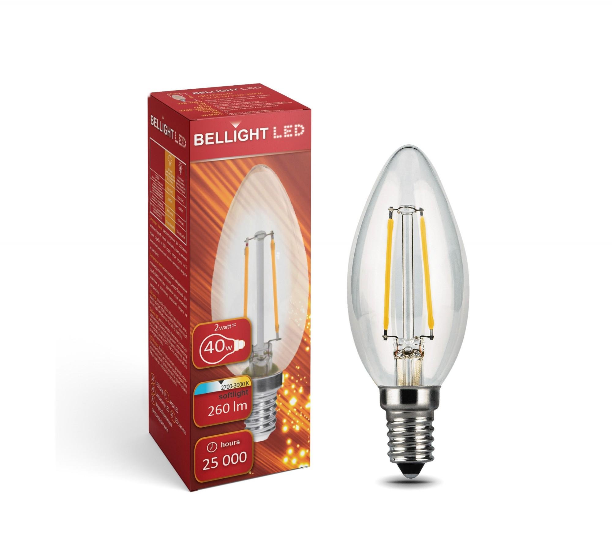 Лампа світлодіодна філаментна свічка  LED filament С37 230 V 2 W E14 3000 K