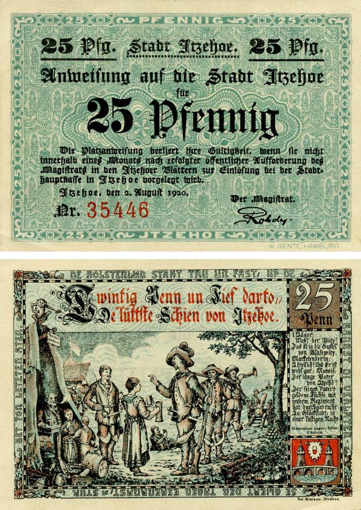 Коллекционная банкнота Германия Нотгельд 25 пфеннигов 1920 F-VF Итцехо (Б18595)