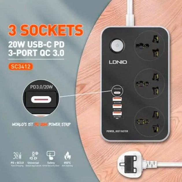 Удленитель сетевой LDNIO SC3412 3USB/1Type-C QC/PD 3A/38W PD3.0 QC3.0 быстрая зарядка 2500 W 3 розетки 2 м Black - фото 7