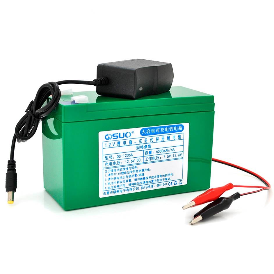 Аккумулятор литий-ионный QiSuo 6 Ач 12 В с зарядным устройством и крокодилами