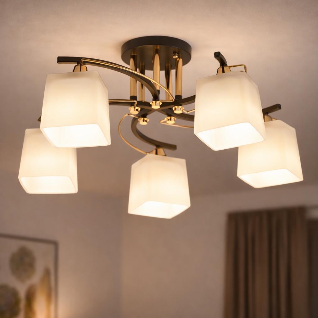 Люстра Sirius на пять квадратных плафонов под лампу Е27 Черный/Золотой (B N4474/5)