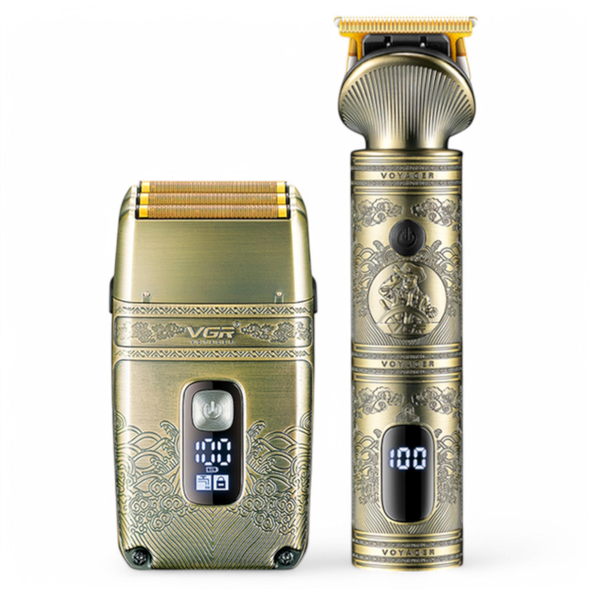 Комплект для стрижки и бритья VGR V-649 аккумуляторный триммер и шейвер с насадками IPX6 LED-дисплей Gold (M_V-649Gold)