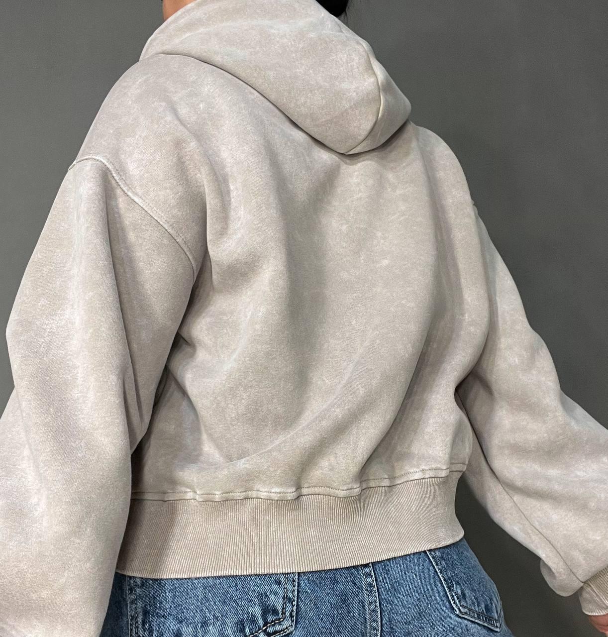 Худи женское JOY ONE 25513 вареное тай-дай вышивка впереди с капюшоном средняя длина OS Бежевый (3314) - фото 8