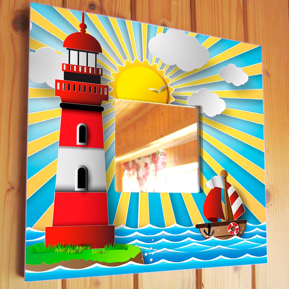 Зеркало декоративное с рисунком Кораблик и маяк на подставке 260х260 мм (M03814)