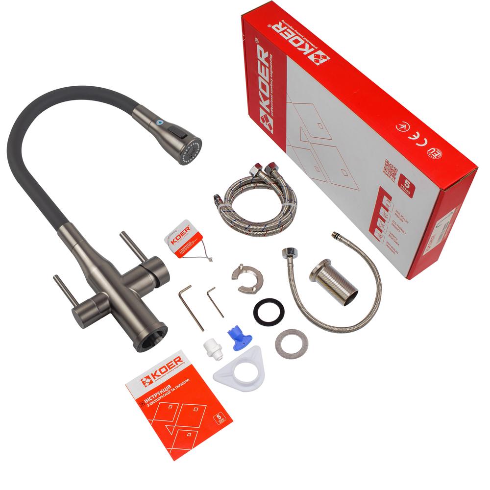 Смеситель кухонный на две воды с высоким изливом с гибким шлангом KOER 024-KI-72024-07 нержавеющая сталь SUS304 Графит (b-KR5013) - фото 7 Смеситель кухонный на две воды с высоким изливом с гибким шлангом KOER 024-KI-72024-07 нержавеющая сталь SUS304 Графит (b-KR5013) - фото 7