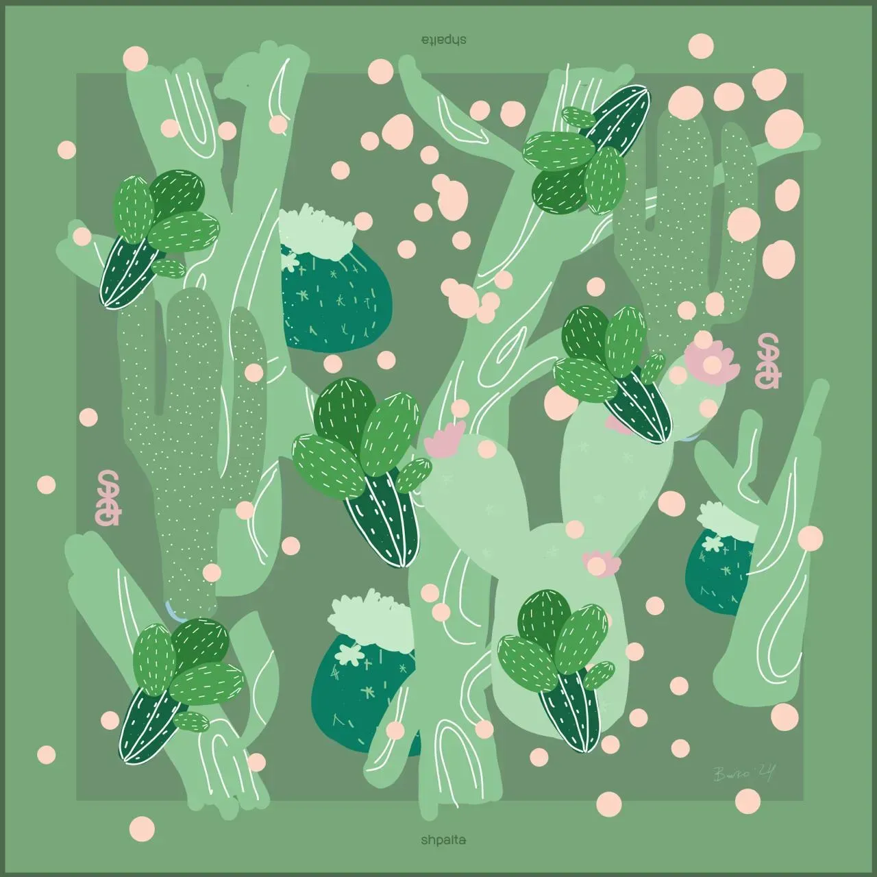 Платок Кактус шелковый односторонняя печать 55х55 см Зеленый (27581321)