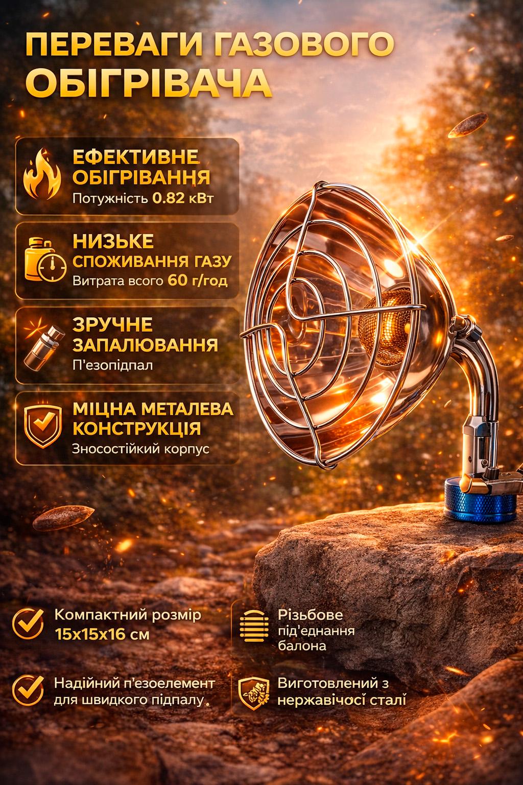 Обогреватель газовый BRS на газовый баллон пьезоподжиг портативный для туристических палаток 60 г/ч 0,82 кВт (573175813) - фото 3 Обогреватель газовый BRS на газовый баллон пьезоподжиг портативный для туристических палаток 60 г/ч 0,82 кВт (573175813) - фото 3