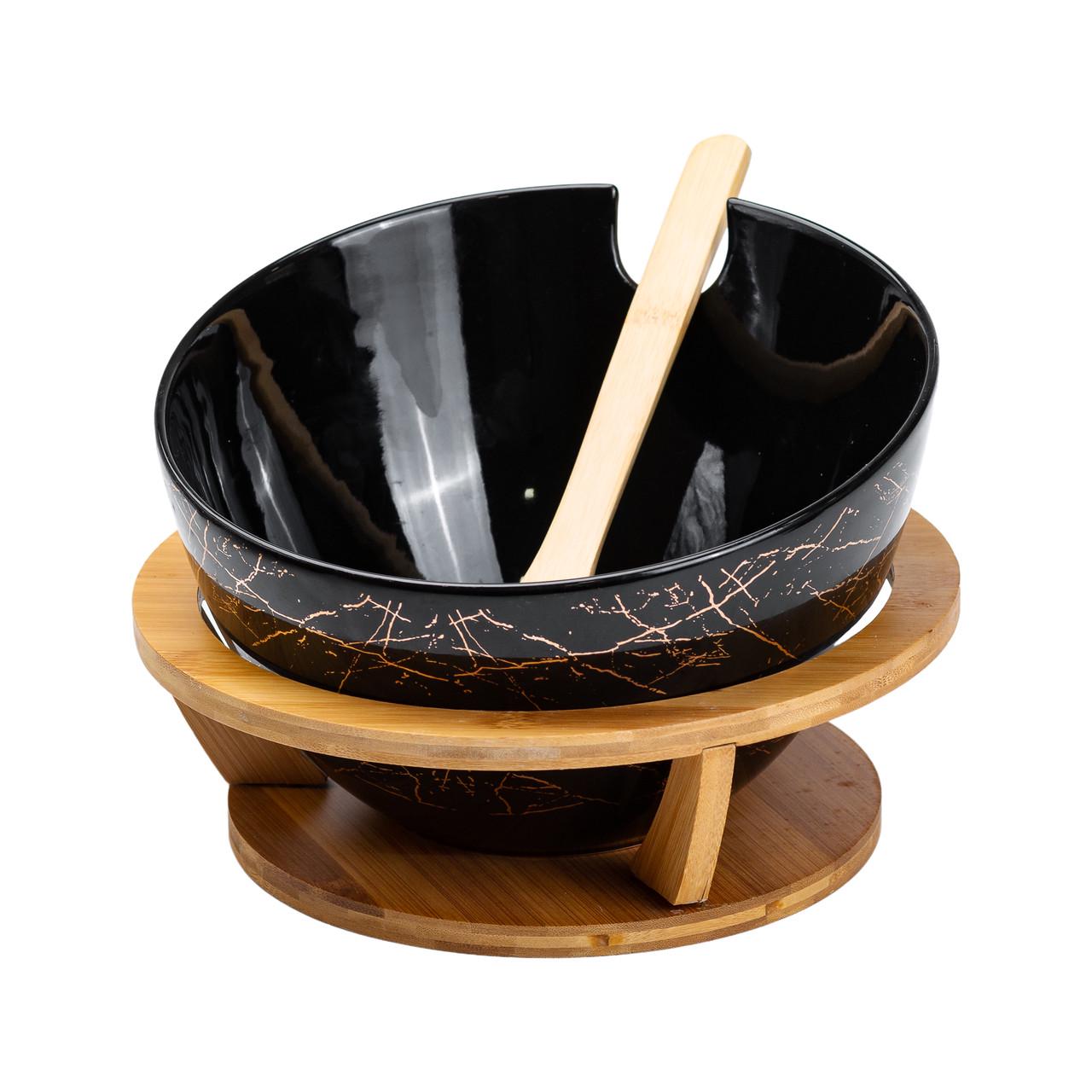 Салатница на бамбуковой подставке с ложкой 25 см Черный (4769)