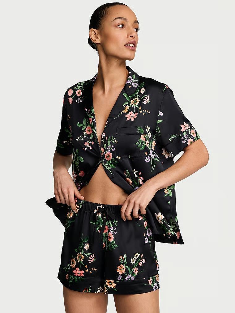 Пижама Victoria's Secret Signature Satin Short Pajama Set Black Botanical M Черный (27226121)